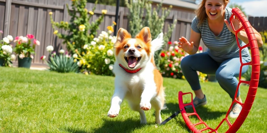 Dog jumping through a hoop in a sunny backyard.