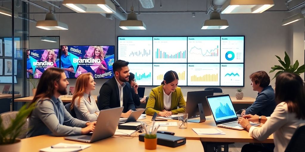 Profissionais de marketing digital em ambiente moderno.