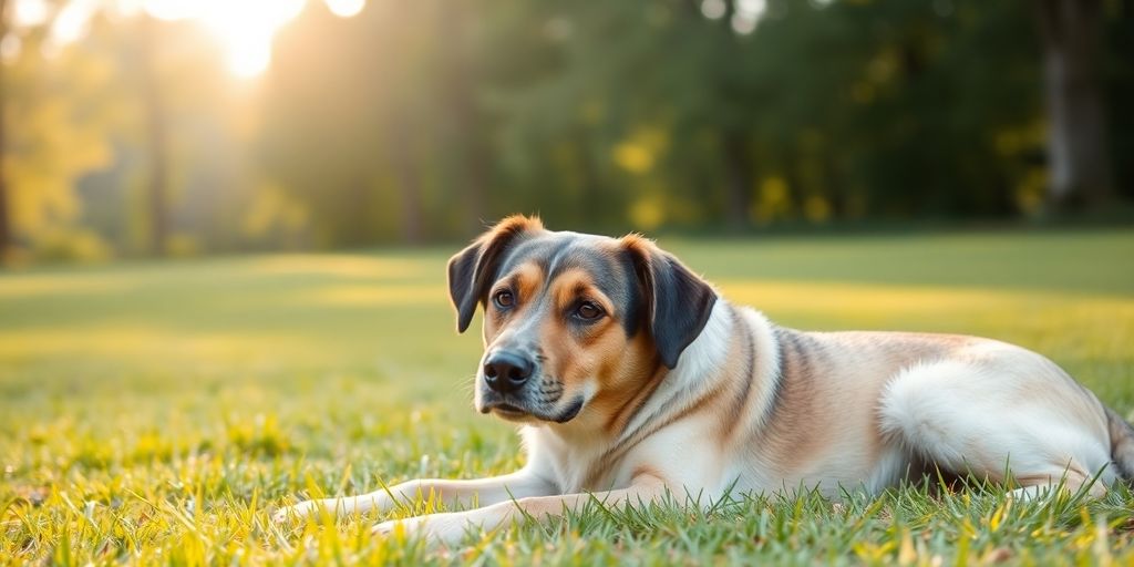 Calm dog resting peacefully on green grass outdoors.