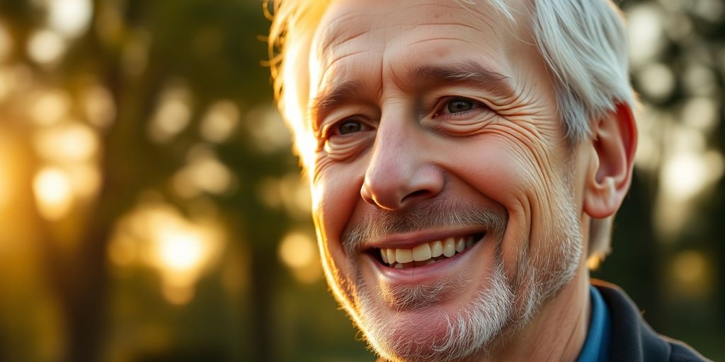 Retraité souriant, soleil levant
