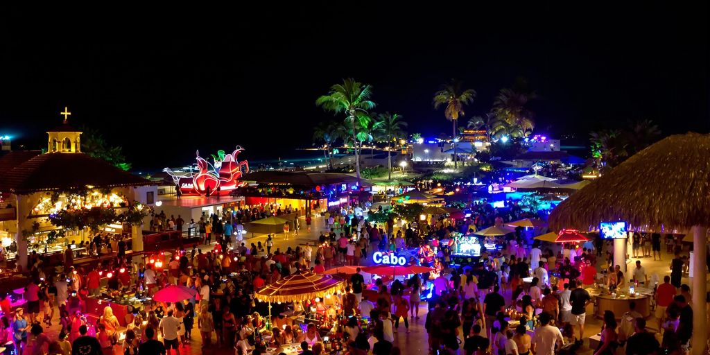 Cabo San Lucas nightlife with colorful lights and dancing.