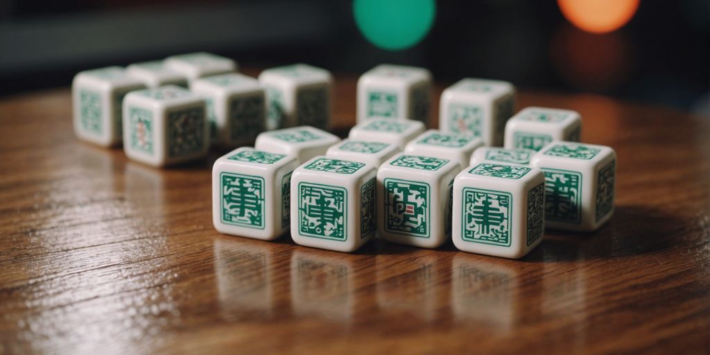 Authentic Viewfinder Mahjong tiles close-up on wooden table.