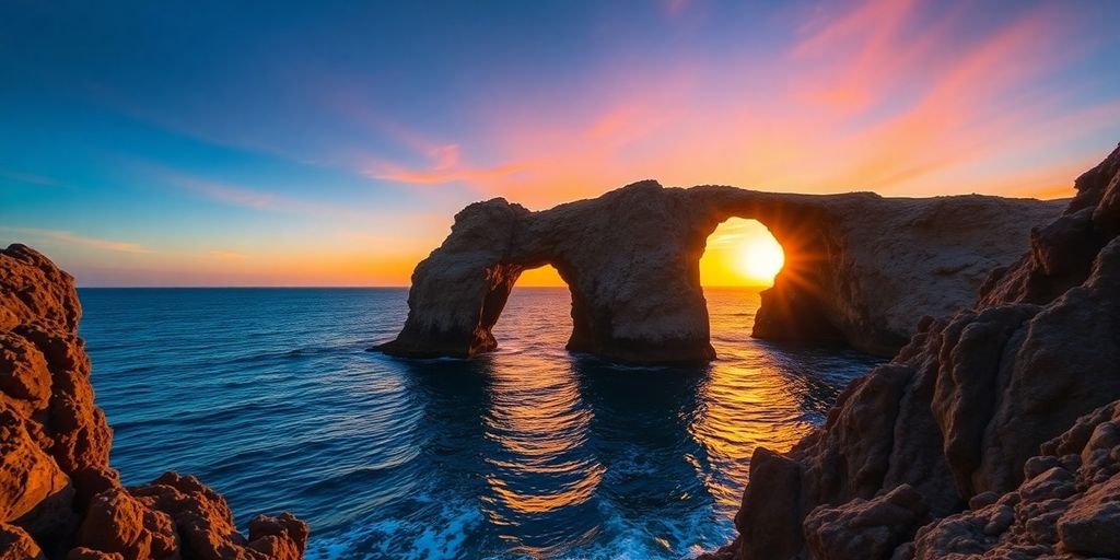 Cabo San Lucas Arch, Pacific Ocean, vibrant sunset clouds.