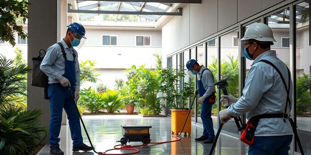 Tehnicieni la muncă în deratizarea clădirilor comerciale.