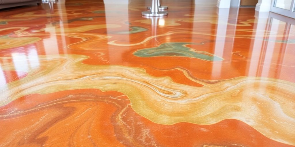 Glossy epoxy floor showcasing vibrant colors and smooth texture.