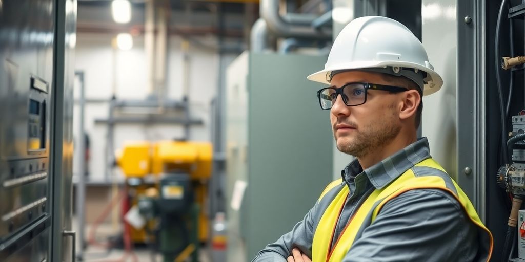 Technician inspecting electrical equipment in an industrial setting.