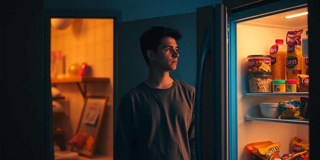Person contemplating snacks in a dim kitchen at night.