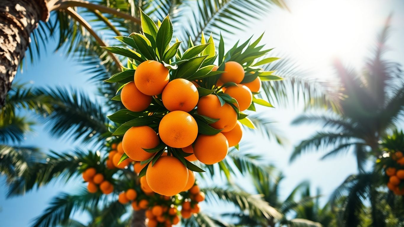 Juicy oranges on palm trees, symbolizing growth.