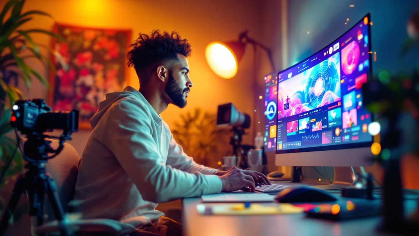 Filmmaker using AI tools in a creative workspace.