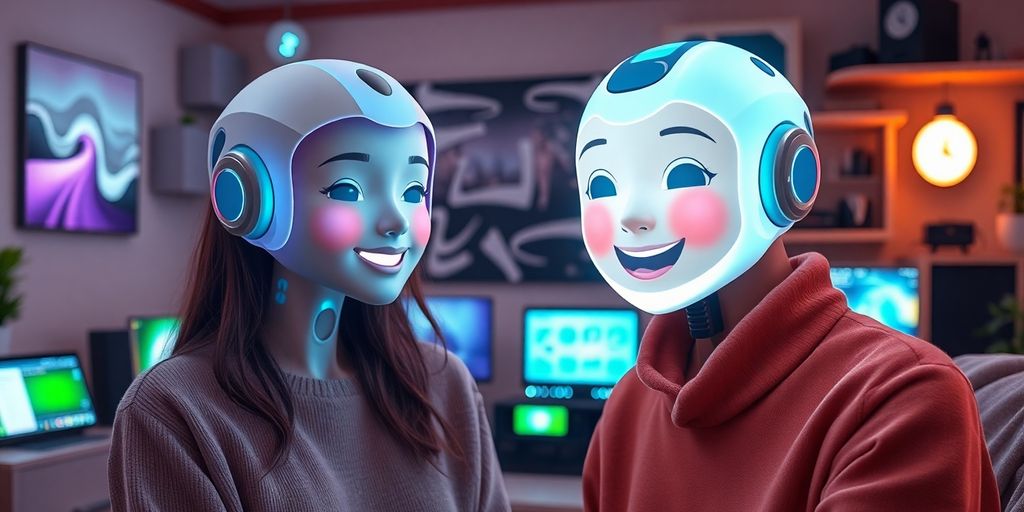 AI girlfriend interacting with a user in a cozy room.