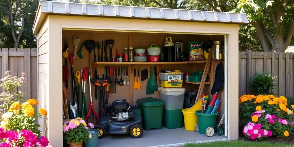 Garden shed filled with tools and a lawn mower.