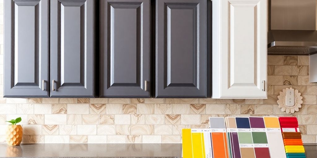Colorful cabinet paint samples next to freshly painted cabinets.