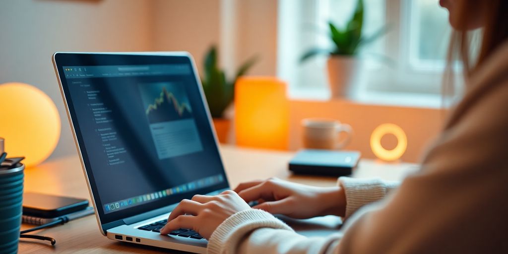 Person logging into a laptop in a cozy workspace.