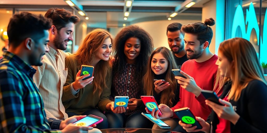 Young adults discussing cryptocurrency in a modern setting.