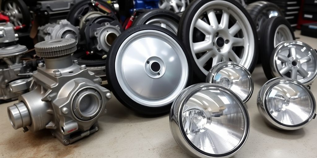 Mini Cooper parts laid out on a workbench.