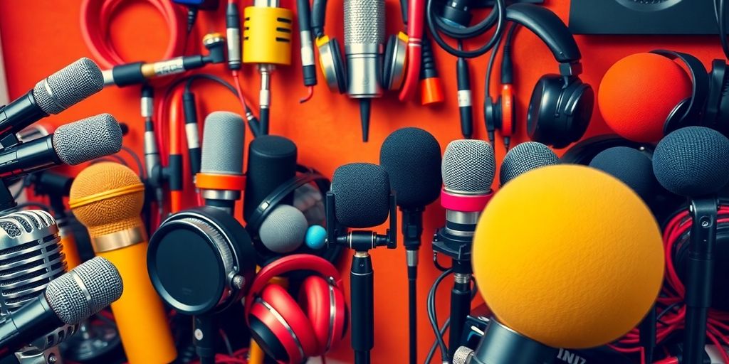 Diverse microphones and audio equipment.