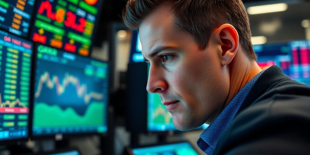 Trader observing stock market on multiple monitors.