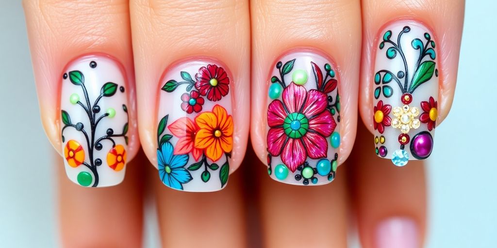 Close-up of colorful, intricate nail art designs.