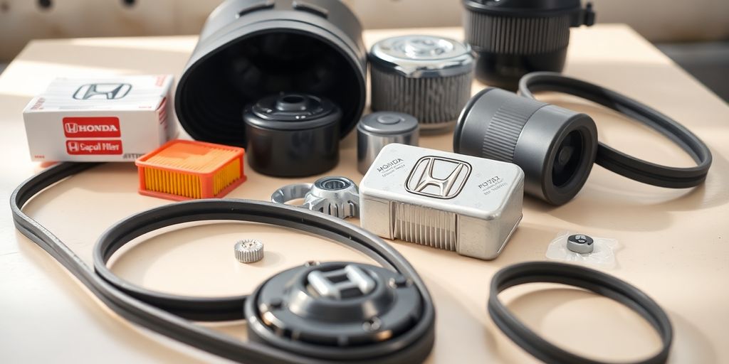 New Honda car parts on a workbench.