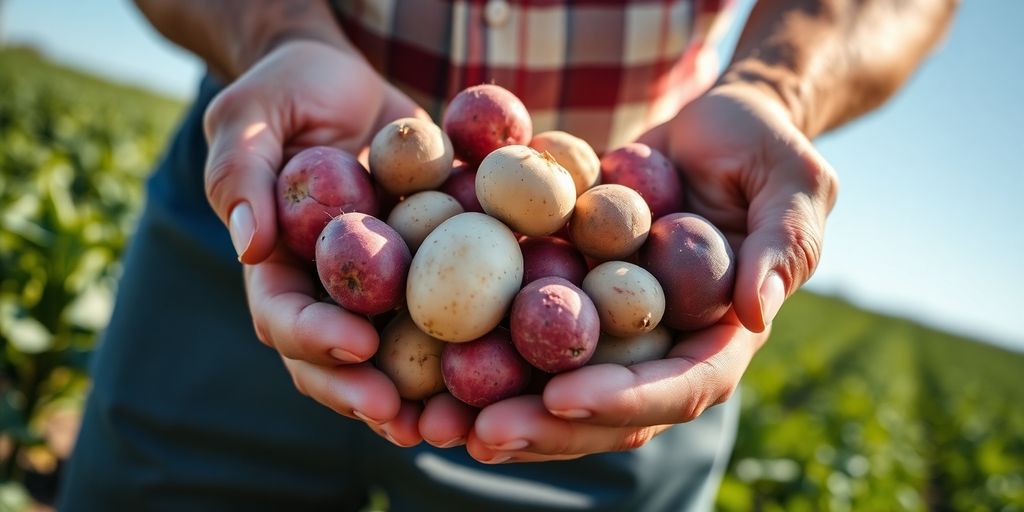 Boer op aardappelveld met verschillende aardappelsoorten