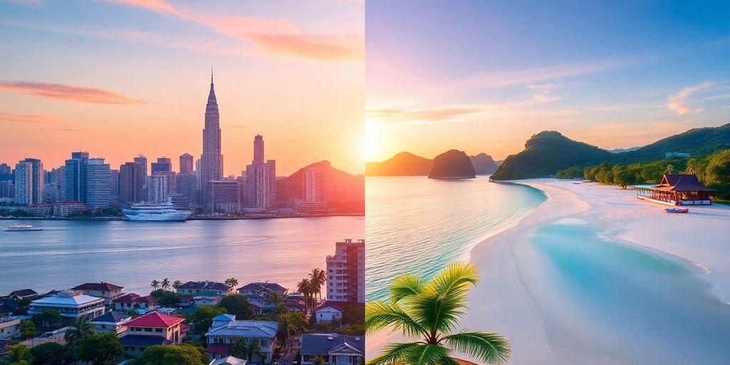 Bangkok skyline and Phuket beach landscape for investment comparison.