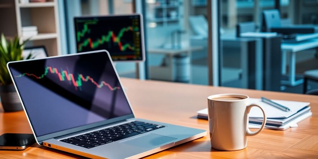 Modern office workspace with laptop and forex charts.
