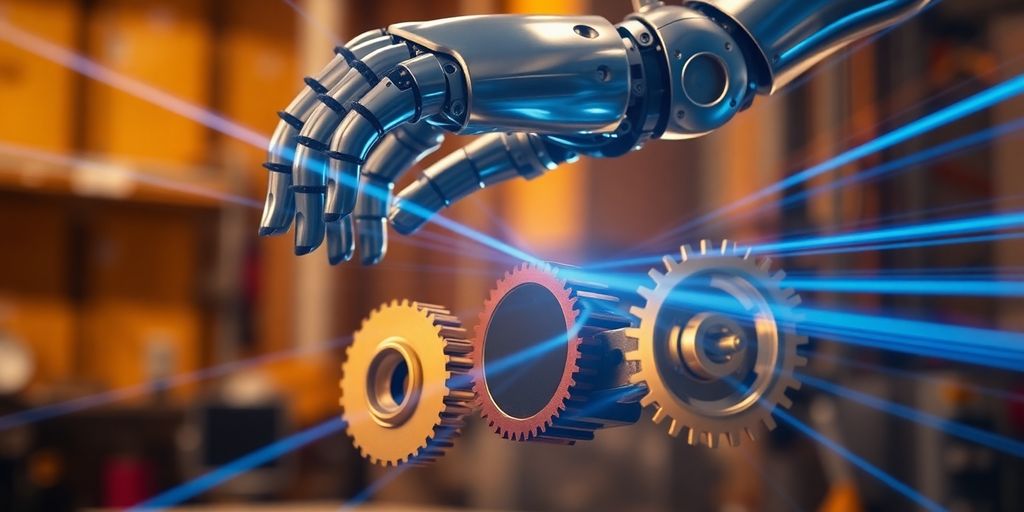 Robotic arm, gears, light streaks.
