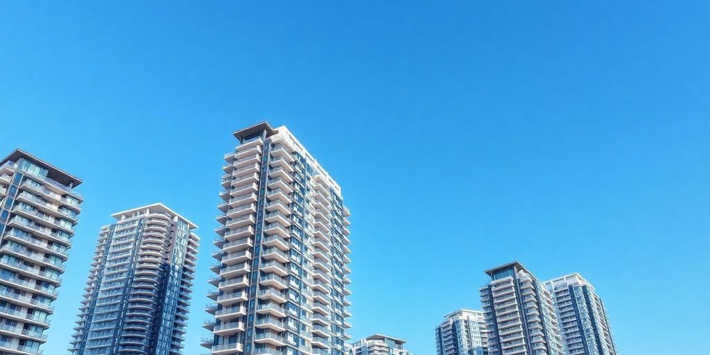 Modern Thai condominium buildings against a blue sky.
