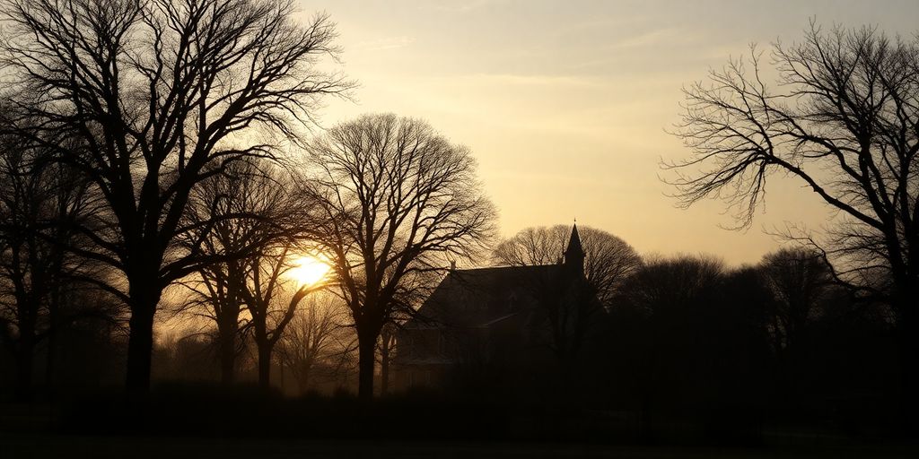 Silhouettes of trees in a serene Holy Week landscape.