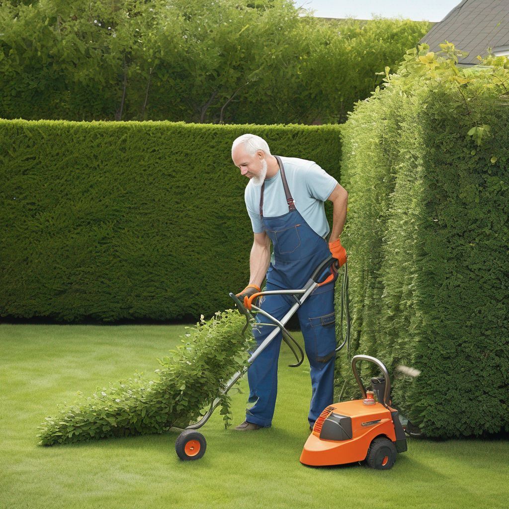 gardener trimming hedge with shears in a backyard