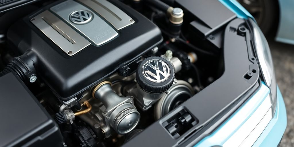 Close up of a shiny Volkswagen car engine with various parts.