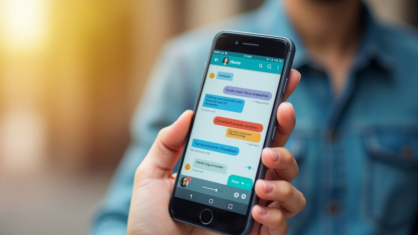 Smartphone with chat bubbles on a blurred background.