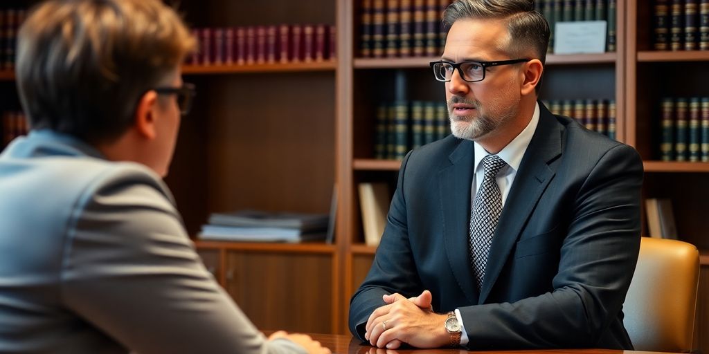 Lawyer consulting with a client in an office.