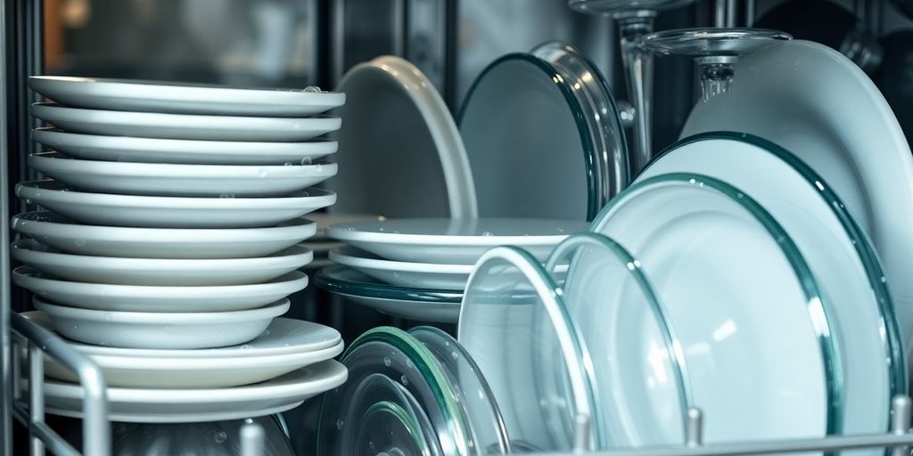 Clean dishes in a sparkling dishwasher.
