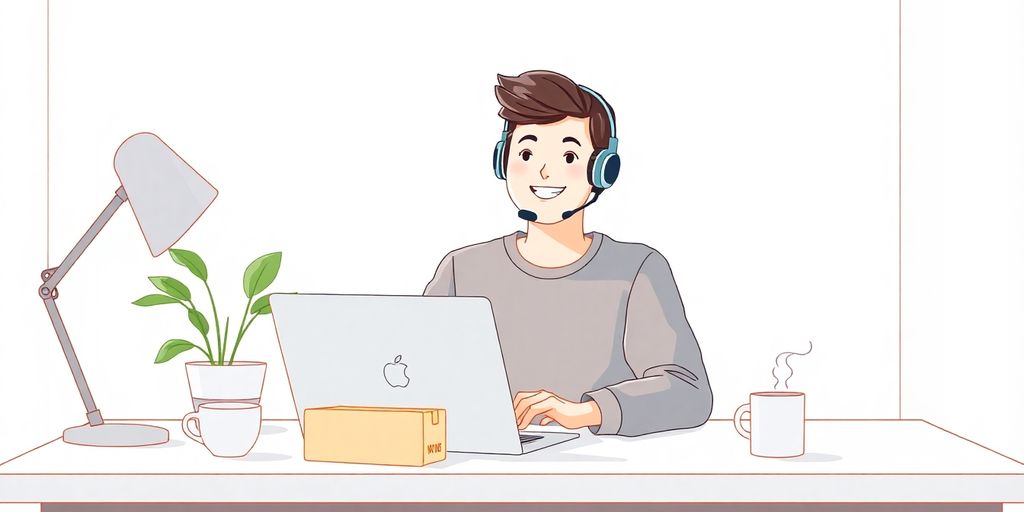 Worker wearing headset at home desk with laptop and package