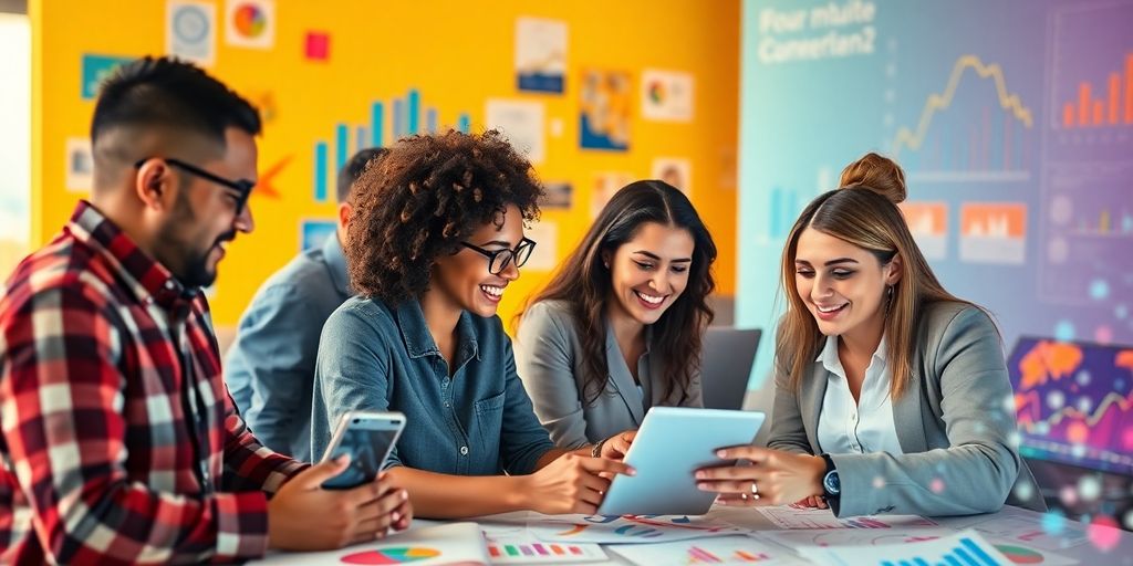 Profissionais diversos colaborando em estratégias de marketing.