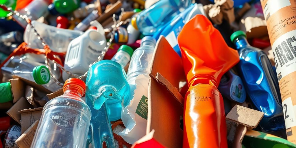Déchets transformés en objets créatifs et colorés.