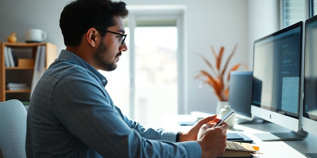Trader in a bright workspace analyzing options strategies.
