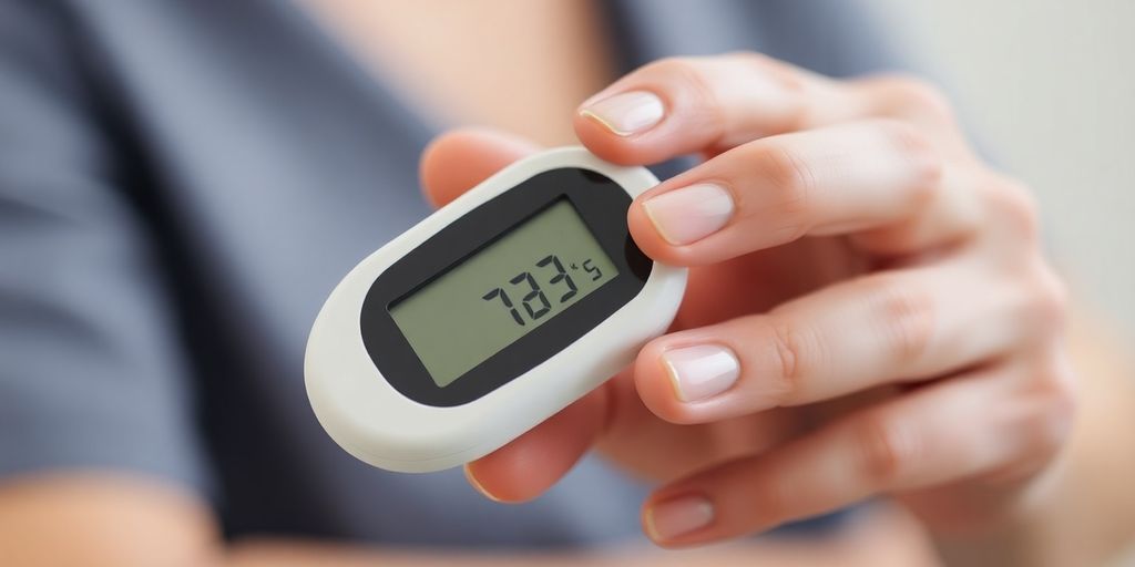 Person using a small, handheld device with a glowing indicator.