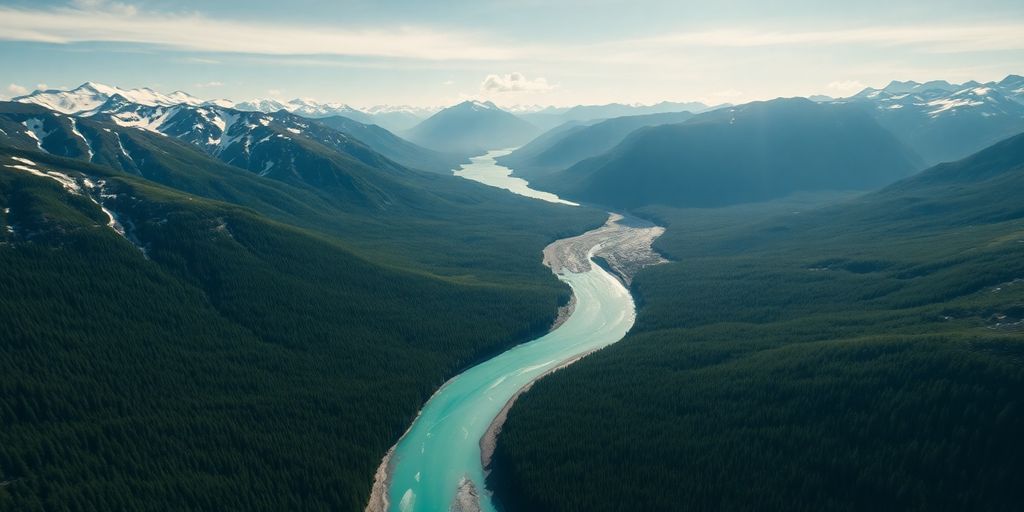 A helicopter flies above a vast Alaskan mountain range.