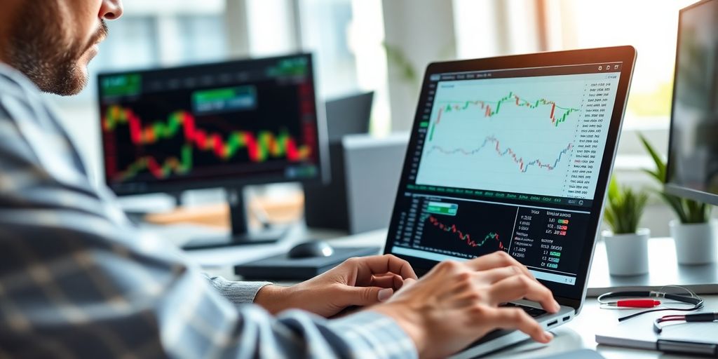Trader analyzing options contracts on a laptop.