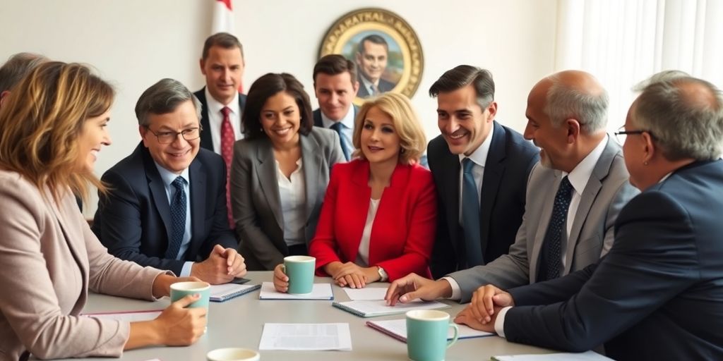 Groupe de politiciens en discussion autour d'une table.