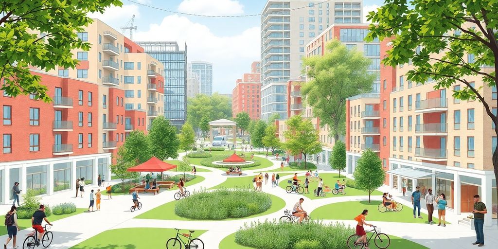 Diverse urban landscape with green spaces and community activities.