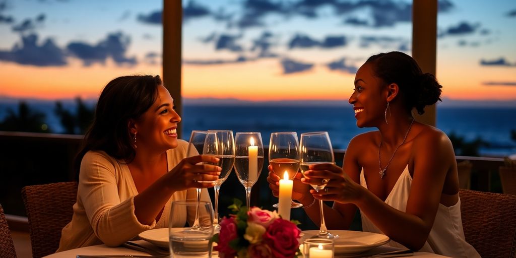 Couple enjoying a candlelit dinner by the ocean.