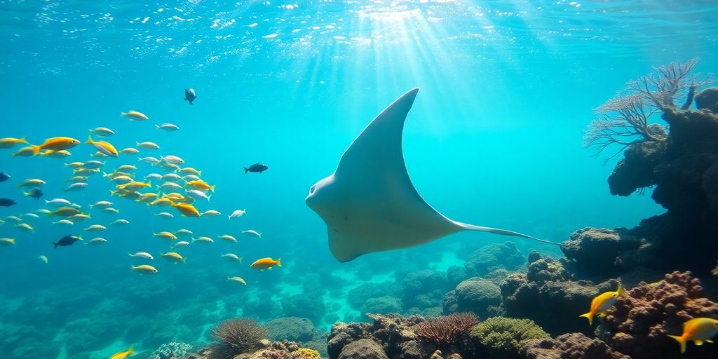 Sharks and dolphins swim through clear turquoise water.