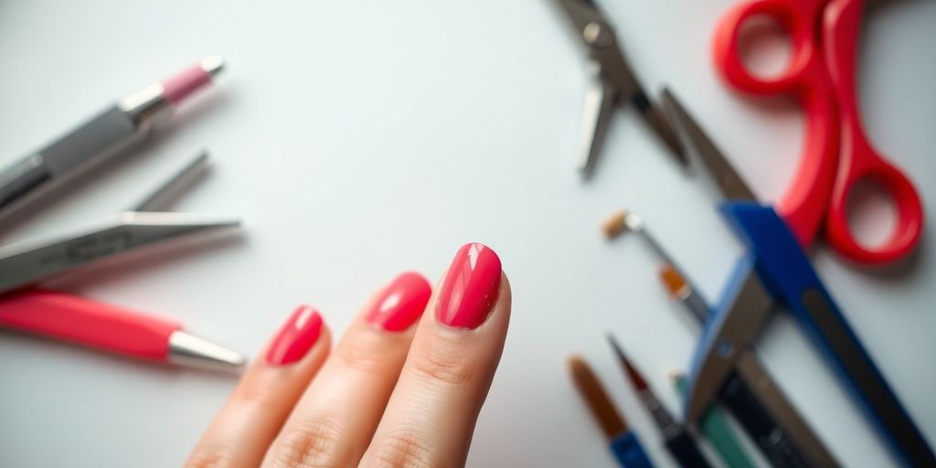 Mão com unhas bem feitas, ferramentas de manicure ao fundo.