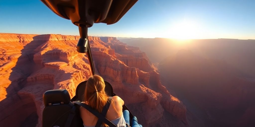 A private helicopter with a couple flies over the Grand Canyon.