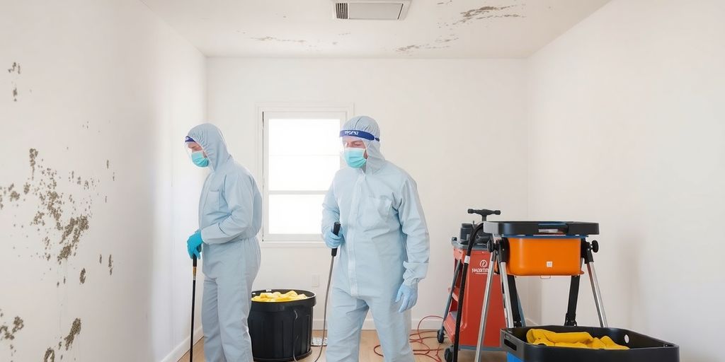 Professionals in protective gear conducting mold remediation indoors.