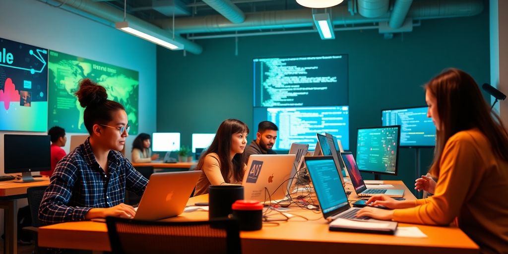 A diverse team of tech professionals collaborating in an office.