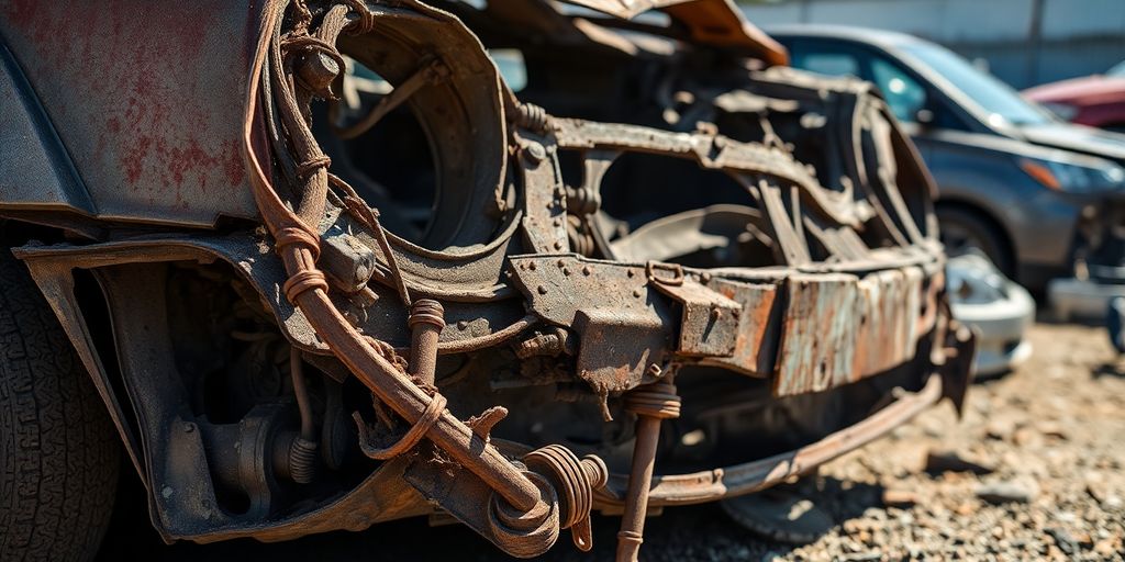 A crushed, rusty Fiat car wreck.